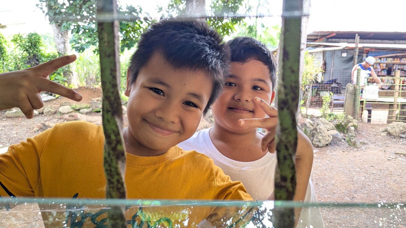 Two young boys smiling and giving peace signs at a window.